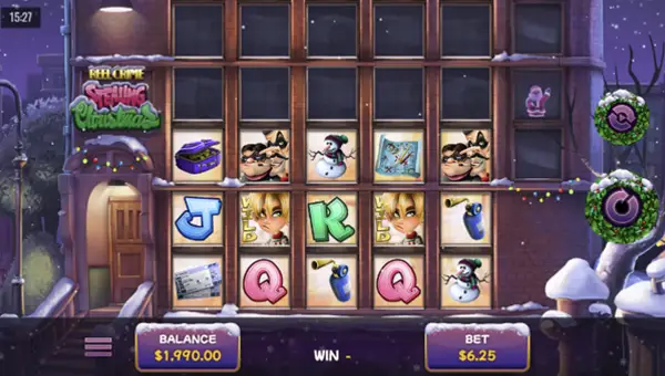 Reel Crime Stealing Christmas base game screenshot showing reels and features