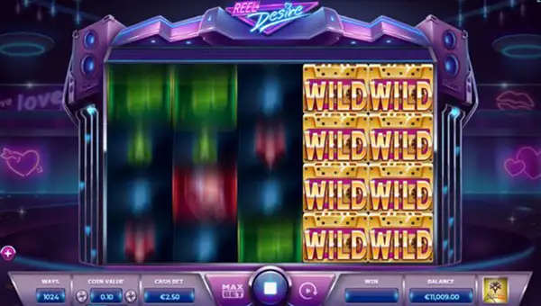 Reel Desire base game screenshot showing reels and features