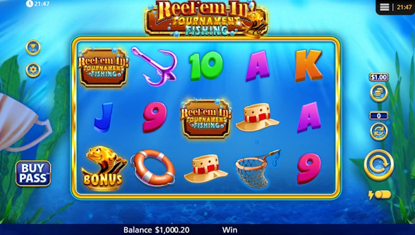 Reel Em In Tournament Fishing base game screenshot showing reels and features