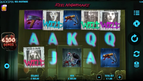 Reel Nightmare base game screenshot showing reels and features