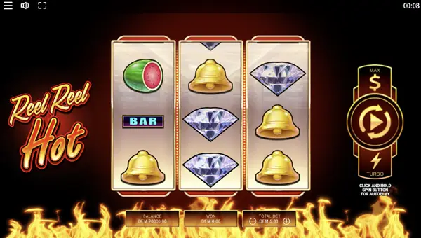 Reel Reel Hot base game screenshot showing reels and features