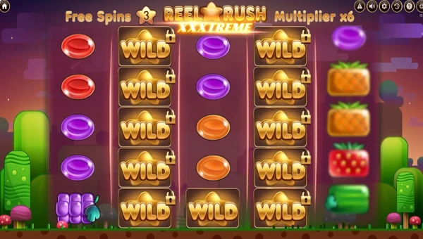 Screenshot of Reel Rush XXXtreme slot demo showing reels and bonus game features