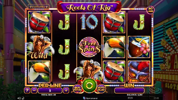 Reels of Rio base game screenshot showing reels and features