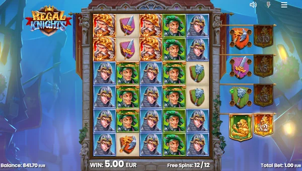 Screenshot of Regal Knights slot demo showing reels and bonus game features