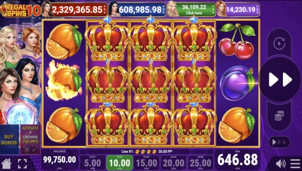 Screenshot of Regal Spins 10 slot demo showing reels and bonus game features