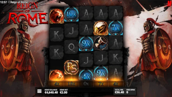 Screenshot of Reign of Rome slot demo showing reels and bonus game features