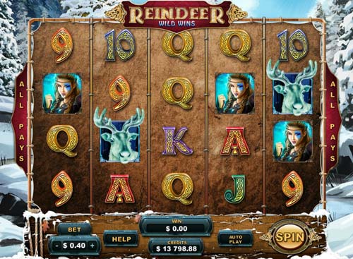 Reindeer Wild Wins base game screenshot showing reels and features