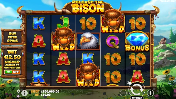 Release the Bison base game screenshot showing reels and features