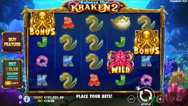 Release the Kraken 2 base game screenshot showing reels and features