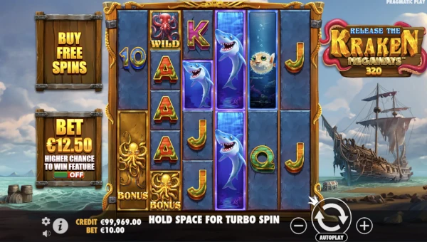 Release the Kraken Megaways base game screenshot showing reels and features