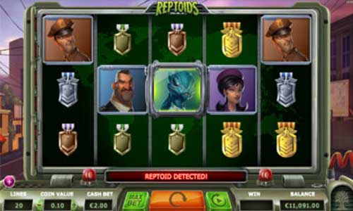 Reptoids base game screenshot showing reels and features