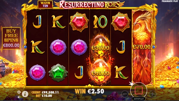 Resurrecting Riches base game screenshot showing reels and features