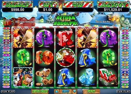 Return of the Rudolph base game screenshot showing reels and features