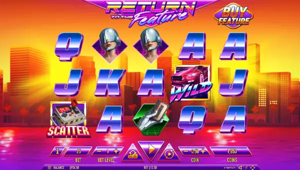 Return to the Feature base game screenshot showing reels and features