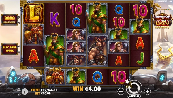 Revenge of Loki Megaways base game screenshot showing reels and features