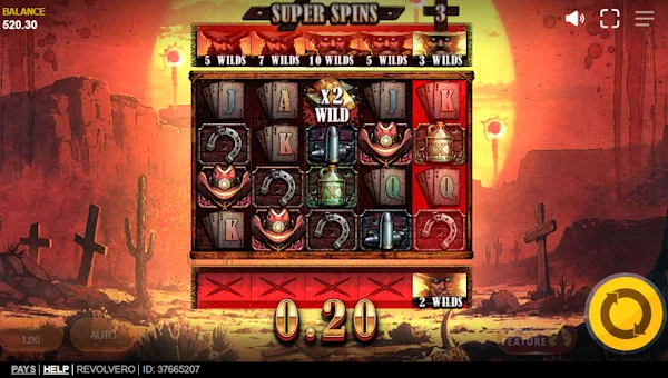 Screenshot of Revolvero slot demo showing reels and bonus game features