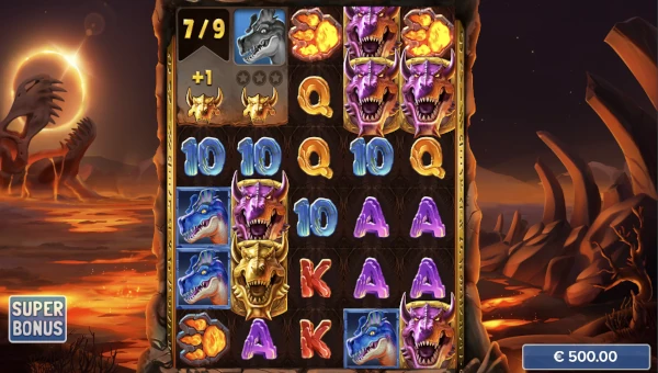 Screenshot of Rex Stampede slot demo showing reels and bonus game features