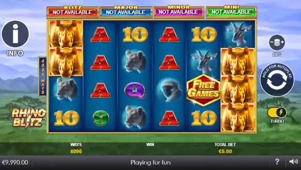 Rhino Blitz base game screenshot showing reels and features
