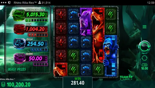 Rhino Rilla Rex base game screenshot showing reels and features