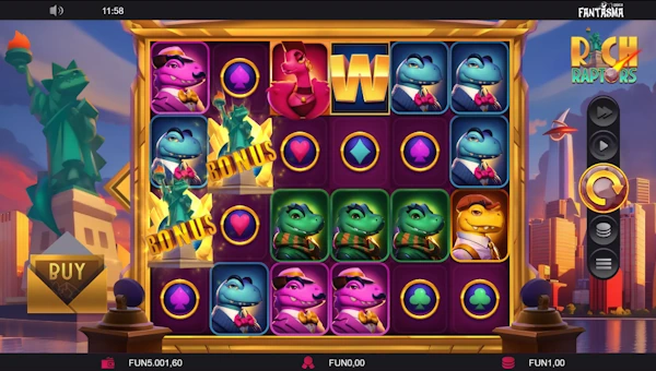 Rich Raptors base game screenshot showing reels and features