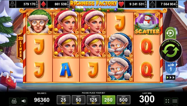 Richness Factory base game screenshot showing reels and features