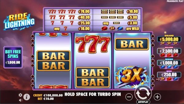 Ride the Lightning base game screenshot showing reels and features