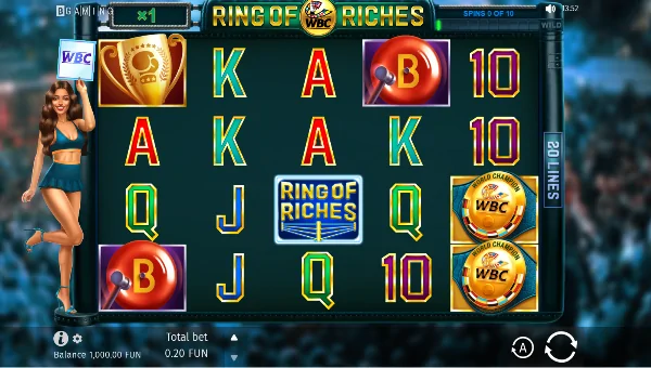 WBC Ring of Riches base game screenshot showing reels and features