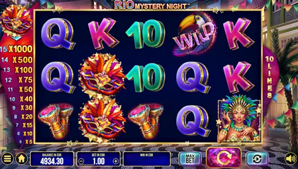 Rio Mystery Night base game screenshot showing reels and features