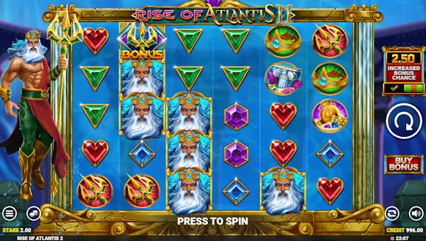 Rise of Atlantis 2 base game screenshot showing reels and features