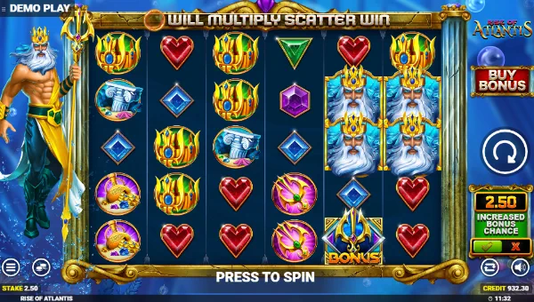 Rise of Atlantis base game screenshot showing reels and features