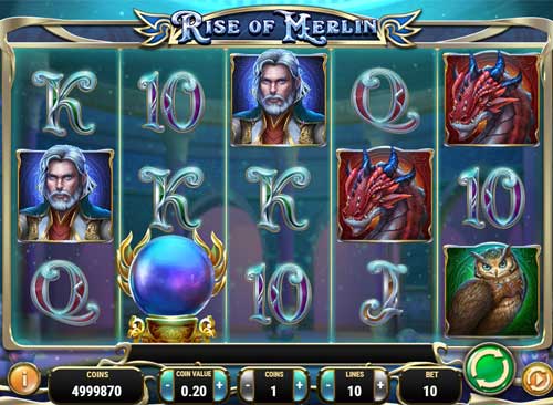 Rise of Merlin base game screenshot showing reels and features