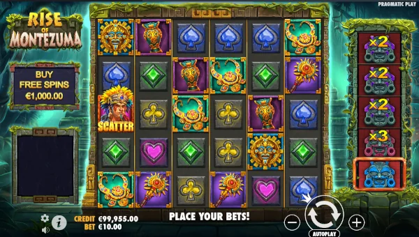 Rise of Montezuma base game screenshot showing reels and features