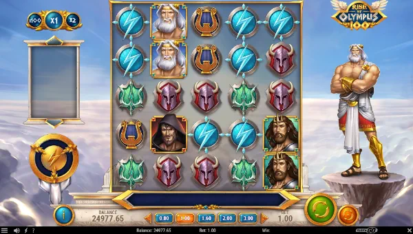 Rise of Olympus 100 base game screenshot showing reels and features