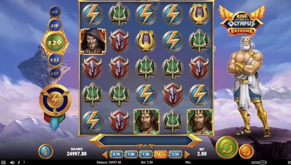 Rise of Olympus Extreme base game screenshot showing reels and features