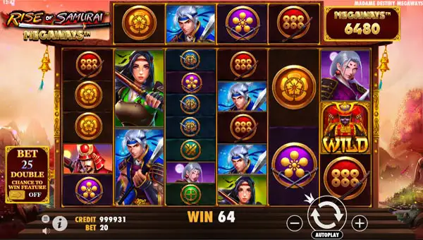 Rise of Samurai Megaways base game screenshot showing reels and features