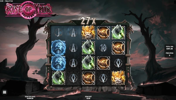 Screenshot of Rise of Ymir slot demo showing reels and bonus game features