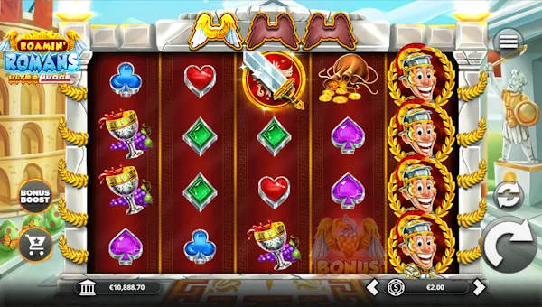 Roamin Romans Ultranudge base game screenshot showing reels and features
