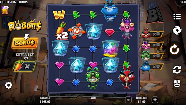 Robbits base game screenshot showing reels and features