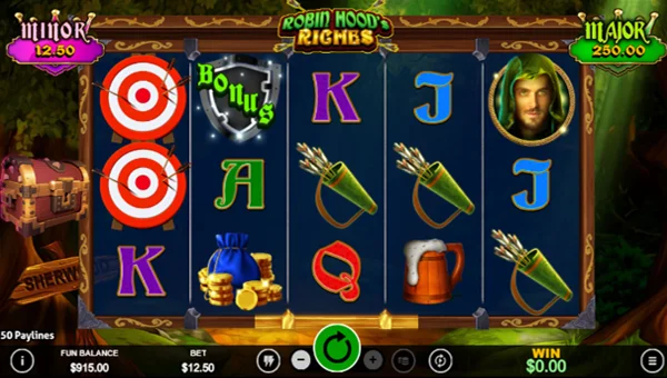 Robin Hoods Riches base game screenshot showing reels and features