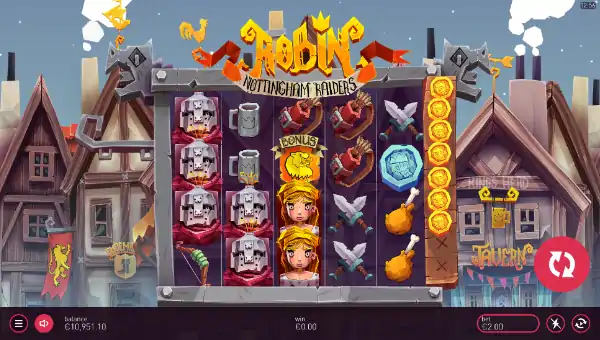 Robin Nottingham Raiders base game screenshot showing reels and features