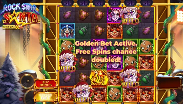 Rock Star Santa Multimax base game screenshot showing reels and features