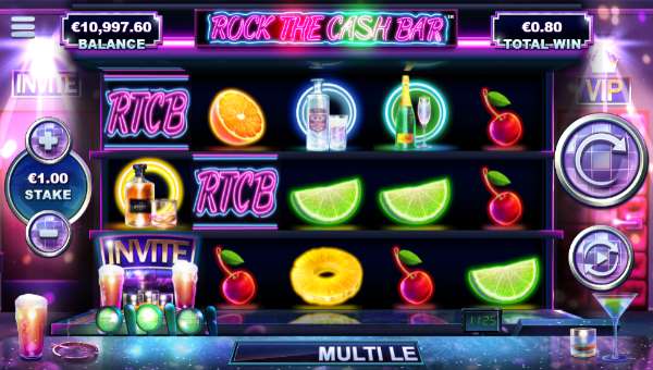 Rock the Cash Bar base game screenshot showing reels and features