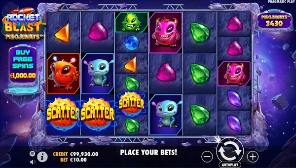 Rocket Blast Megaways base game screenshot showing reels and features