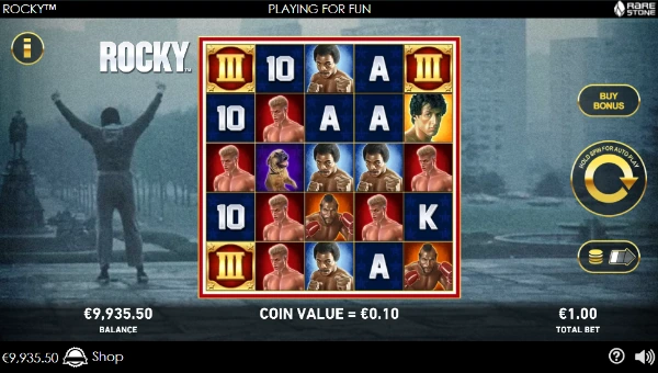 Rocky base game screenshot showing reels and features