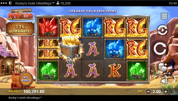 Rockys Gold Ultraways base game screenshot showing reels and features