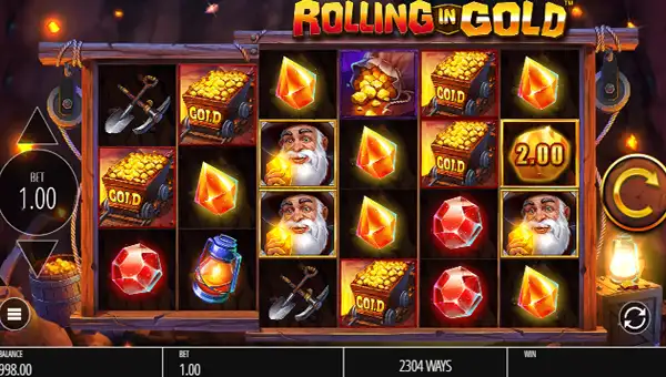 Rolling in Gold base game screenshot showing reels and features