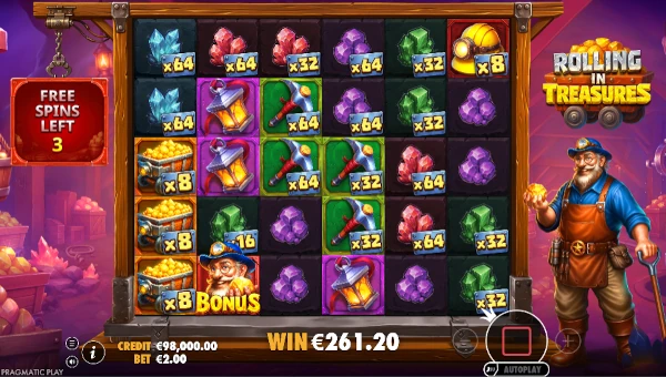 Screenshot of Rolling in Treasures slot demo showing reels and bonus game features