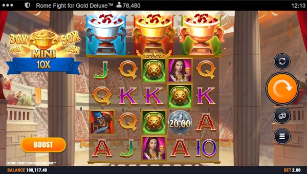 Rome Fight for Gold Deluxe base game screenshot showing reels and features