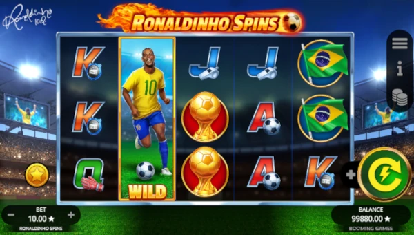 Ronaldinho Spins base game screenshot showing reels and features