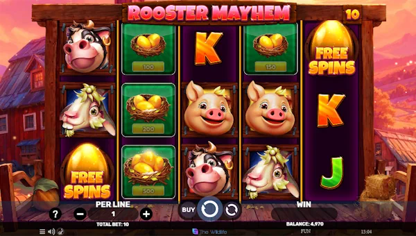 Rooster Mayhem base game screenshot showing reels and features